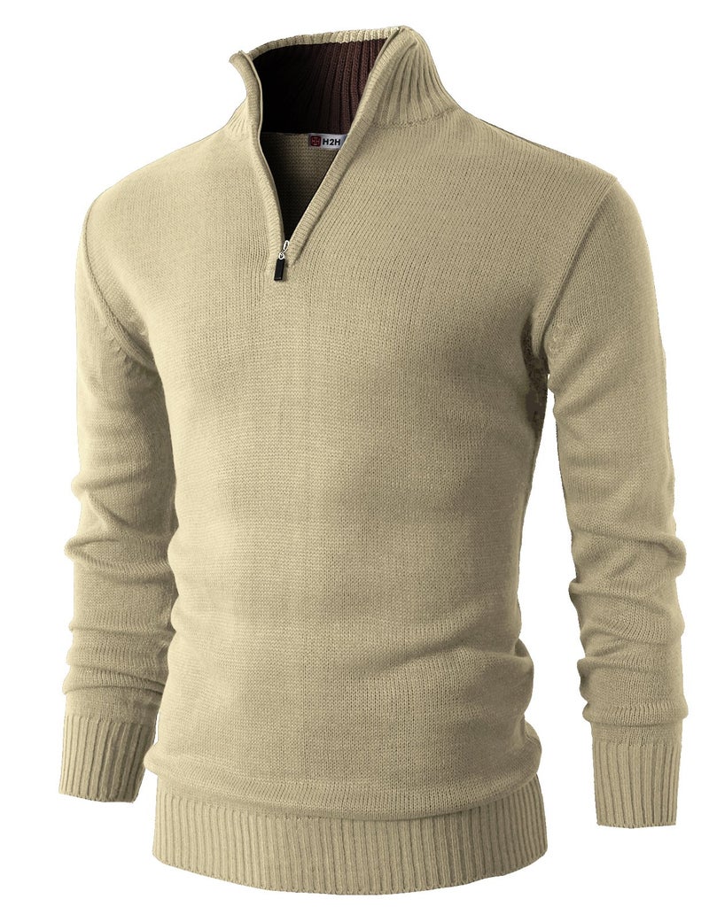 H2H Men's Casual Slim Fit 1/4 Zip up Long Sleeve Pullover Mock Neck Sweater Beige US M/Asia L (KMOSWL021) - Image 1
